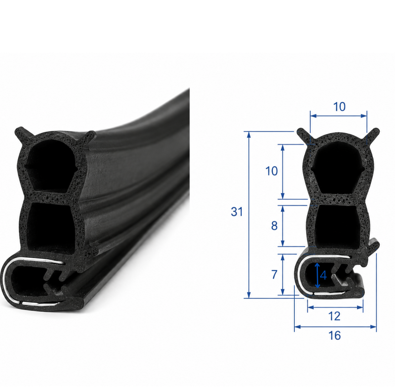 Těsnění dveří dodávky, vanu EPDM vyztužené – dvojitá komora, profil 31x16 mm